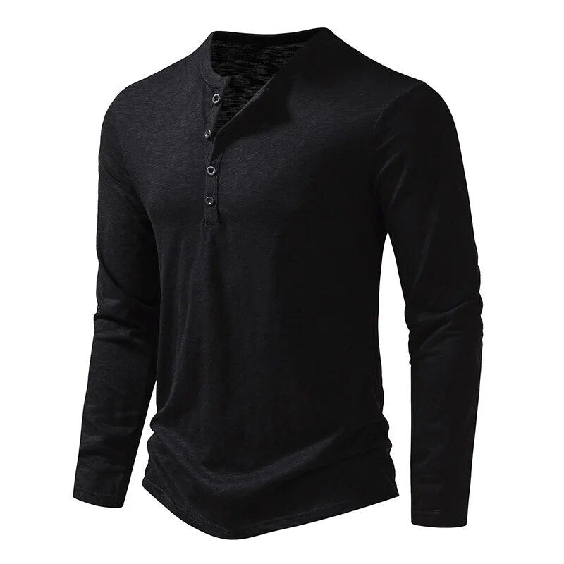 Versatile men's long sleeve henley top, a slim fit staple for any casual wardrobe.