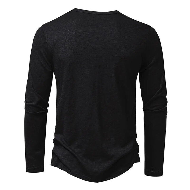 Modern men's long sleeve henley top, slim fit cut, perfect for casual or smart-casual wear.