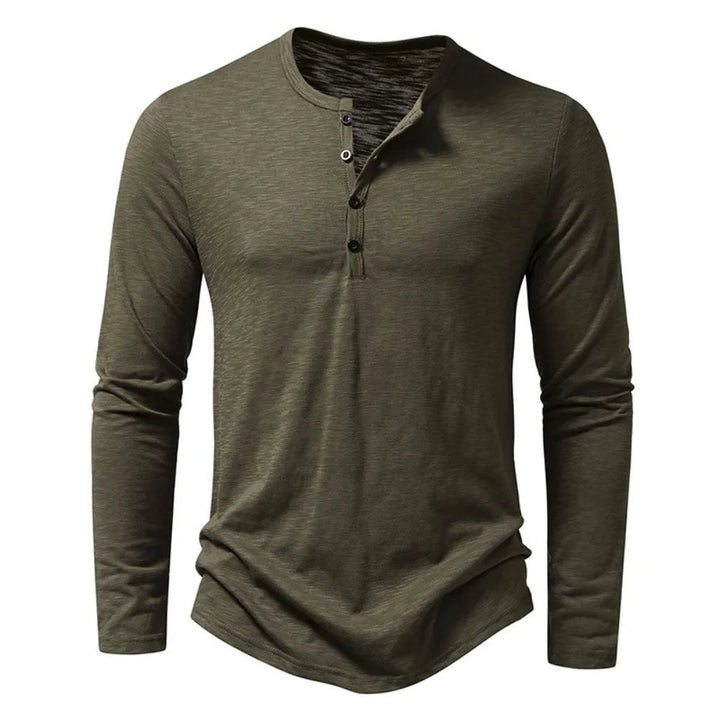 Men's casual long sleeve henley top, featuring a flattering slim fit and button detail.