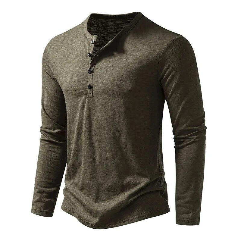 Everyday men's slim fit long sleeve henley shirt, a staple for modern menswear.