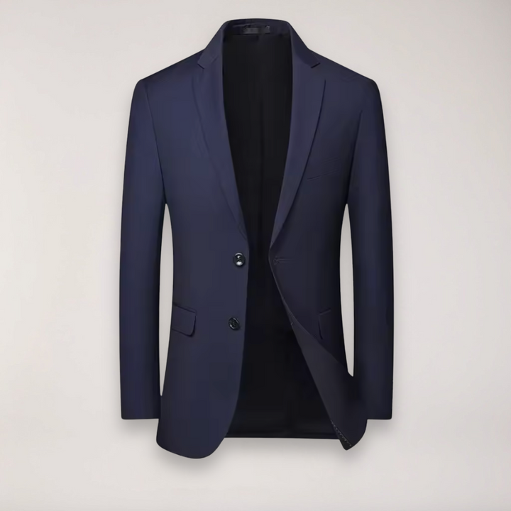 Smart men's tailored three-piece suit. Blazer, waistcoat, & trousers for a refined formal or business look.