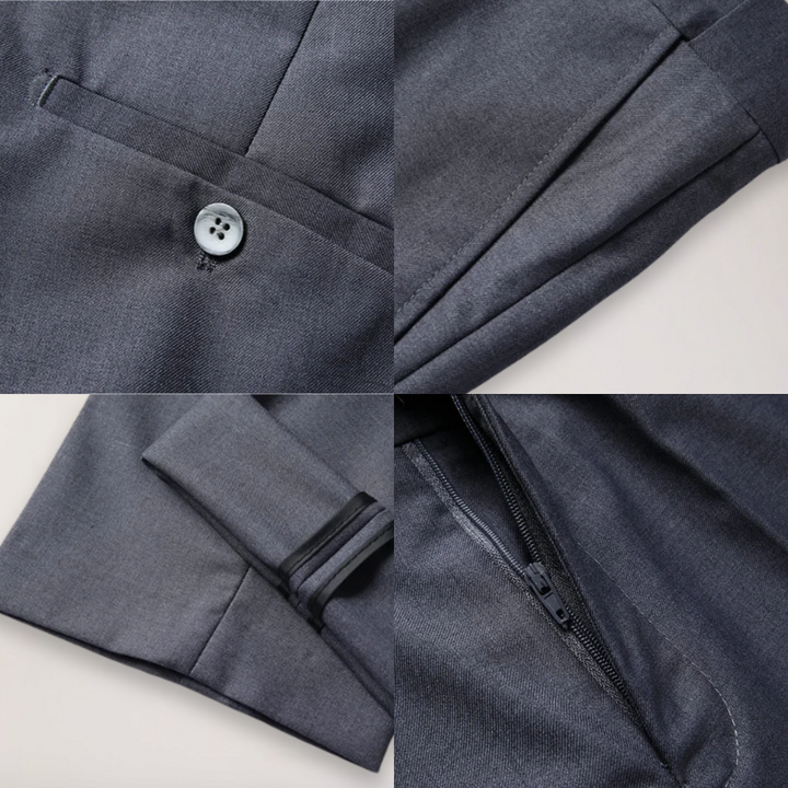 Upscale men's business & wedding suit. A classic three-piece set with blazer, waistcoat & trousers.