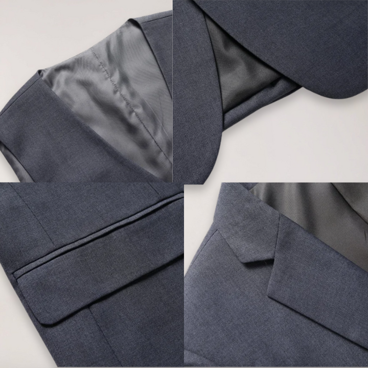 Distinguished men's formal suit. Tailored three-piece set with blazer, waistcoat, and trousers for events.