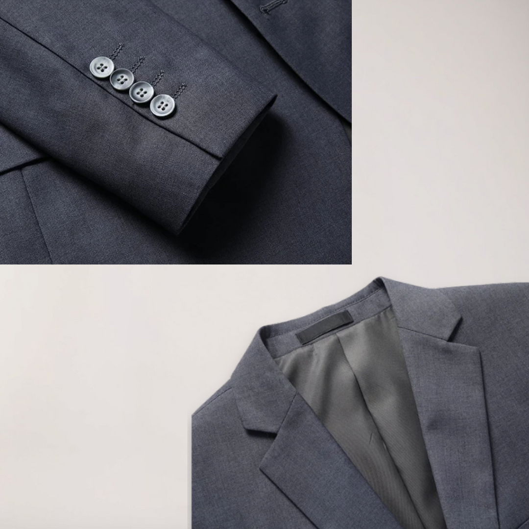 Men's formal three-piece suit. Perfect tailored event attire with blazer, waistcoat, and dress pants.