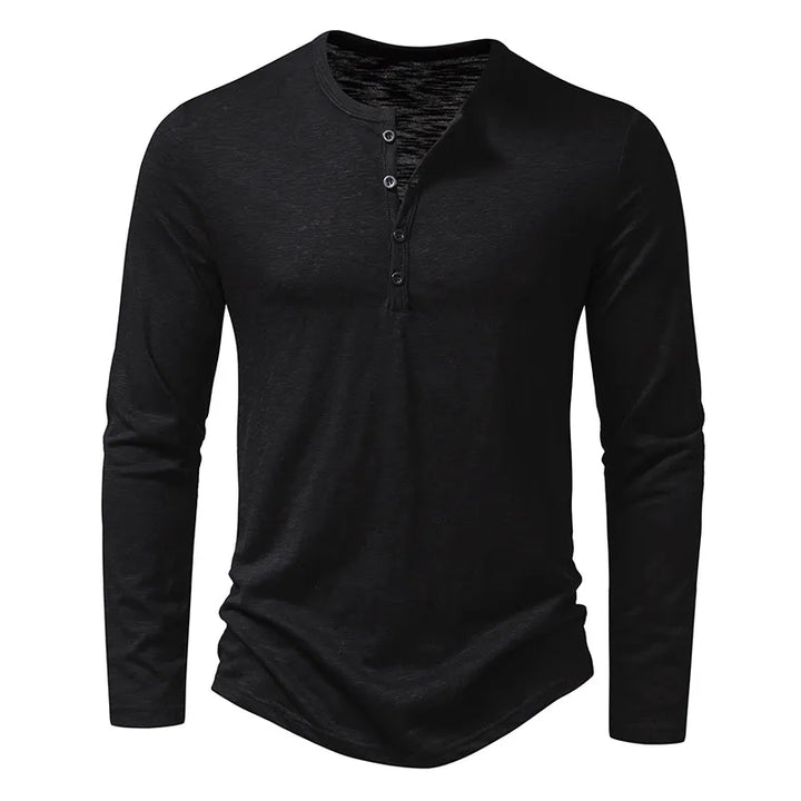 Autumnal styled long sleeve men's henley, an essential menswear piece for cool weather.