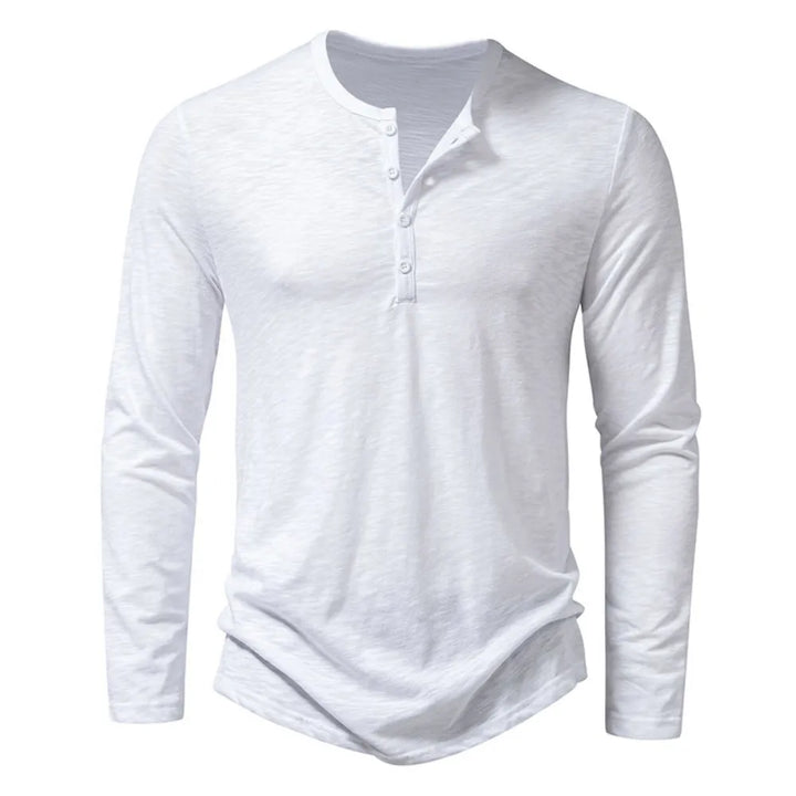 Back of a stylish men's slim fit henley shirt, emphasizing its classic design and quality.