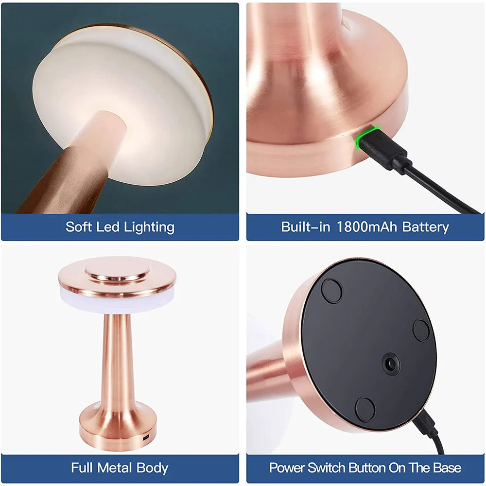 USB rechargeable portable LED lamp, dimmable accent lighting, wireless table light for modern homes.