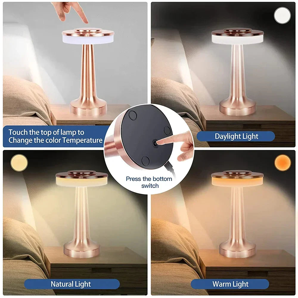 Dimmable wireless LED table lamp, portable & USB rechargeable, stylish home decor accent light.