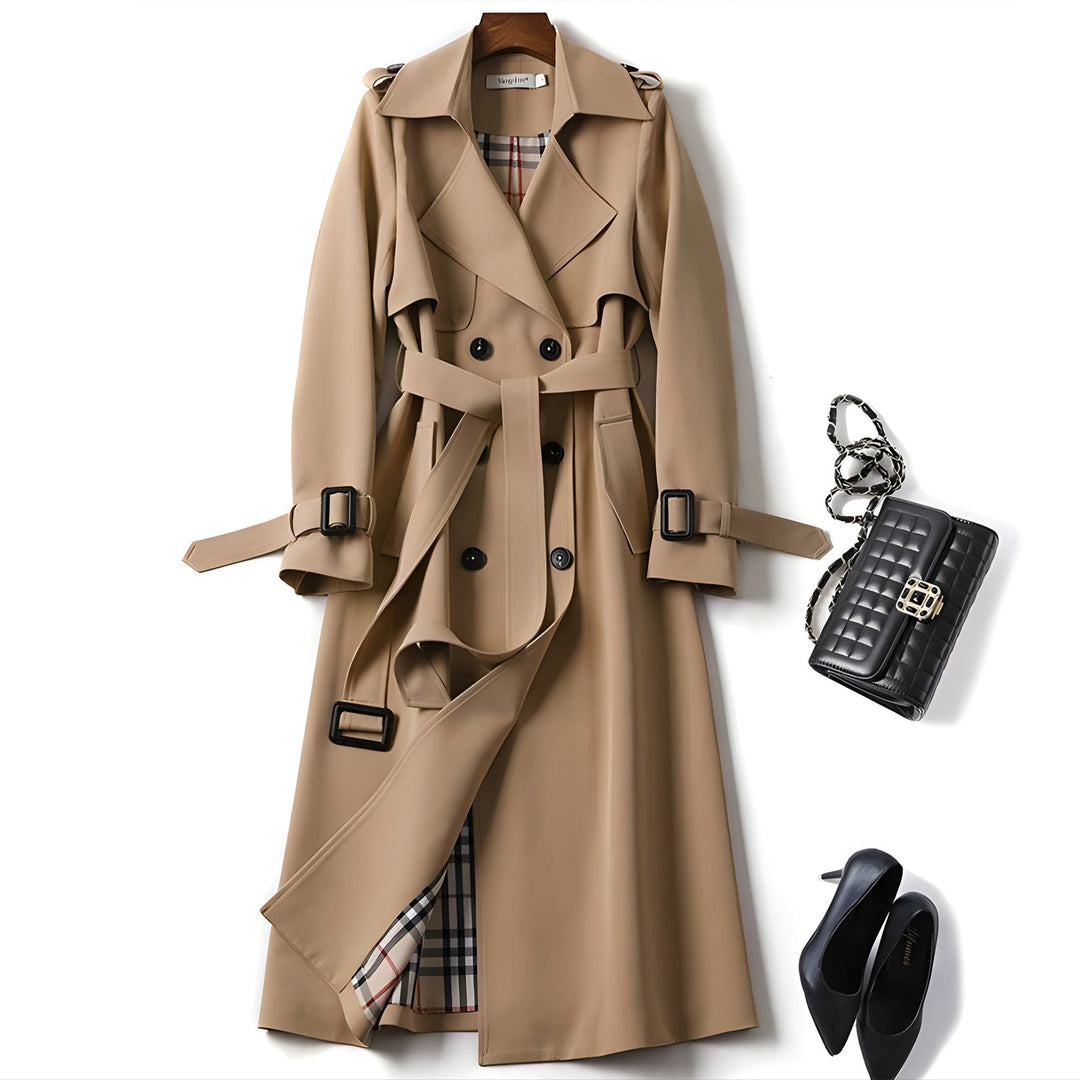 Elegant women's trench coat, classic style, perfect everyday fashion for spring & autumn. Features a belt.