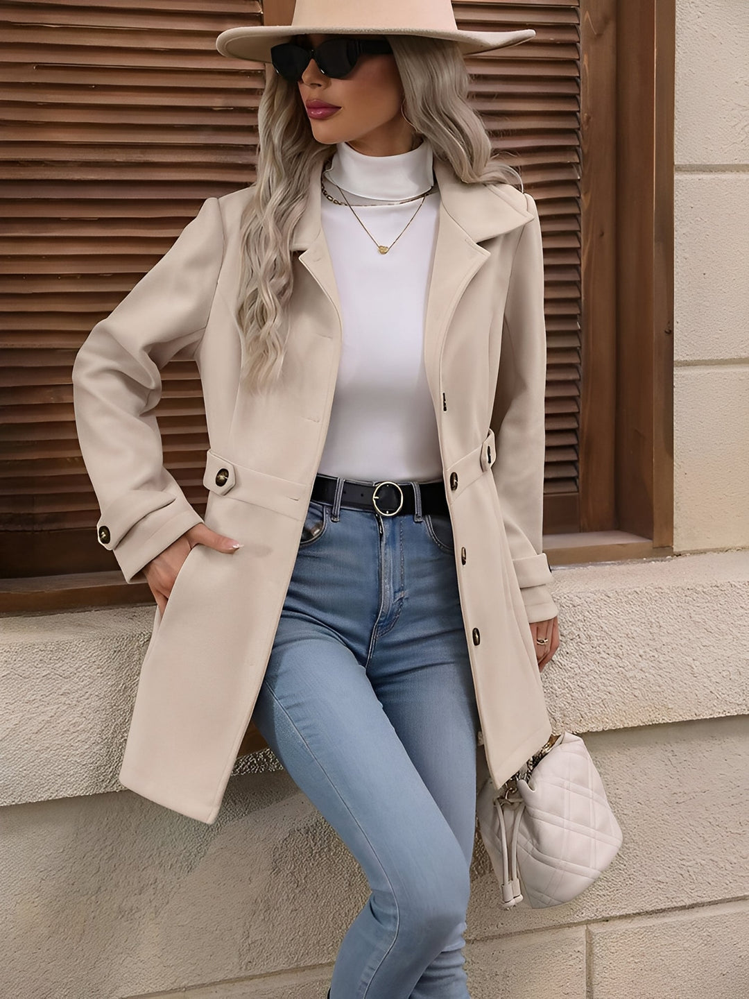Sophisticated double-breasted trench coat for women, a timeless longline jacket for any occasion.
