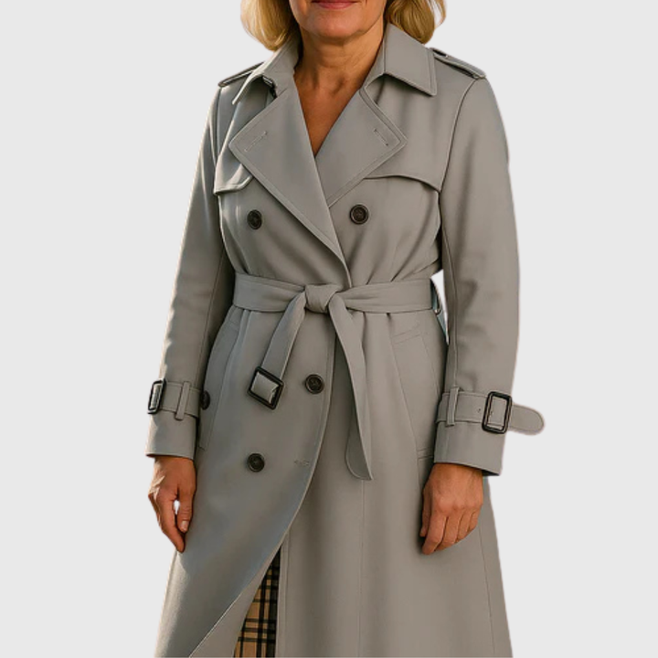 Khaki women's trench coat, belted & double-breasted, water-resistant classic everyday outerwear for all seasons.