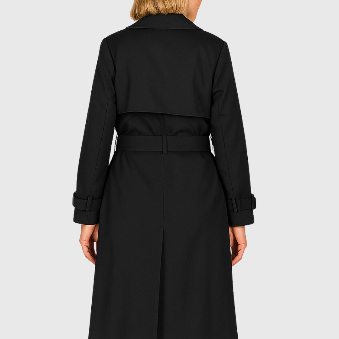 Women's trench coat worn open, showcasing its double-breasted style and elegant everyday fashion.