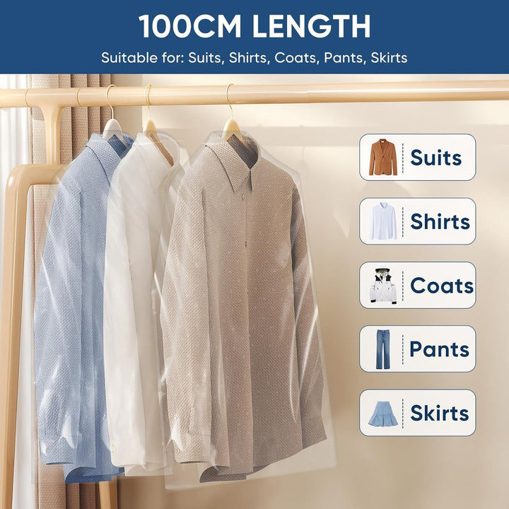 Large clear garment bag set, 50 pcs, for wardrobe organization, travel, & clothing safety.