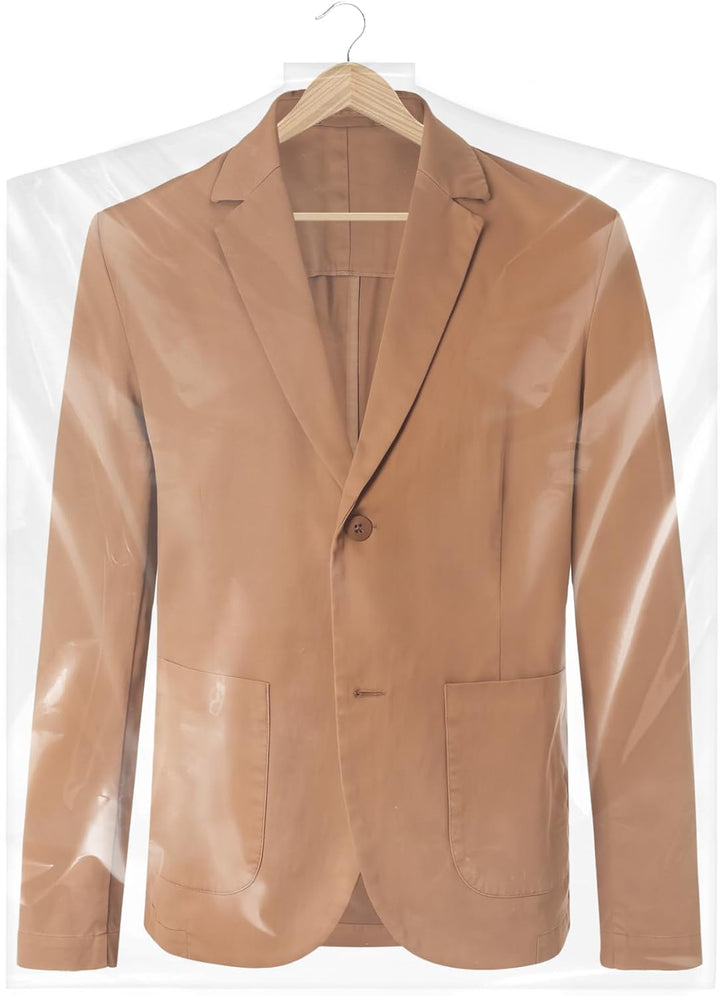 See-through garment bags, 50 ct, offering clothing protection for closet organization & travel.
