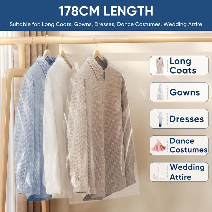 Bulk 50-pack clear garment bags for comprehensive clothing protection, storage, & travel needs.