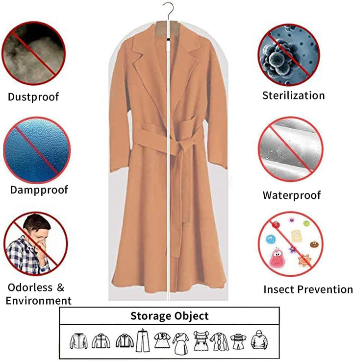 See-through PEVA garment bags. 12 clothes protectors for easy access & organized, dust-free storage.