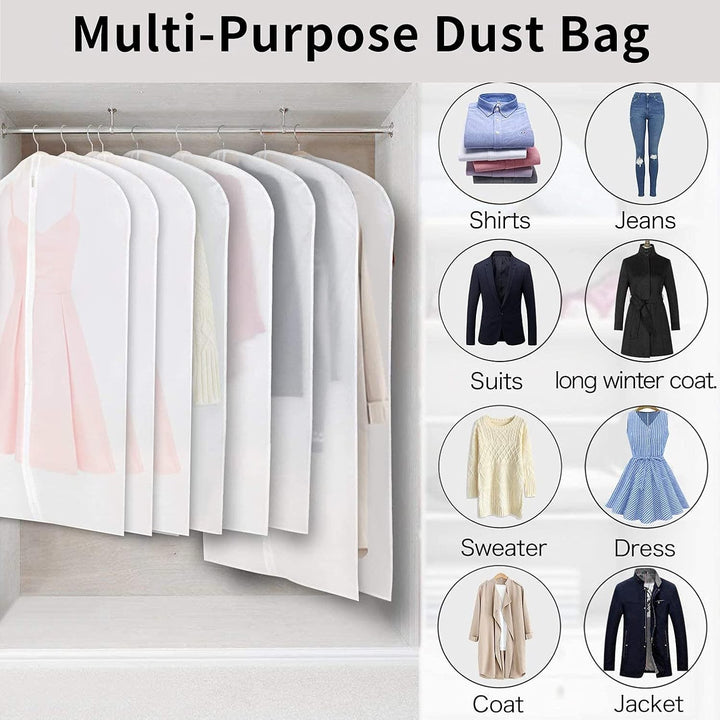 Set of 12 clear PEVA garment bags for clothing protection. Ideal dustproof closet organizers & covers.