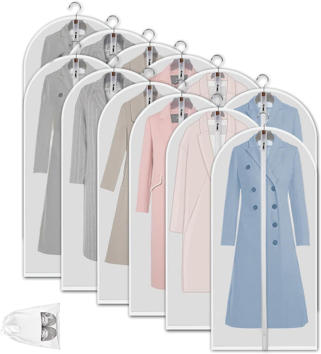 Clear PEVA garment bags for coats, dresses, suits. 12-pack of clothing covers for long-term protection.