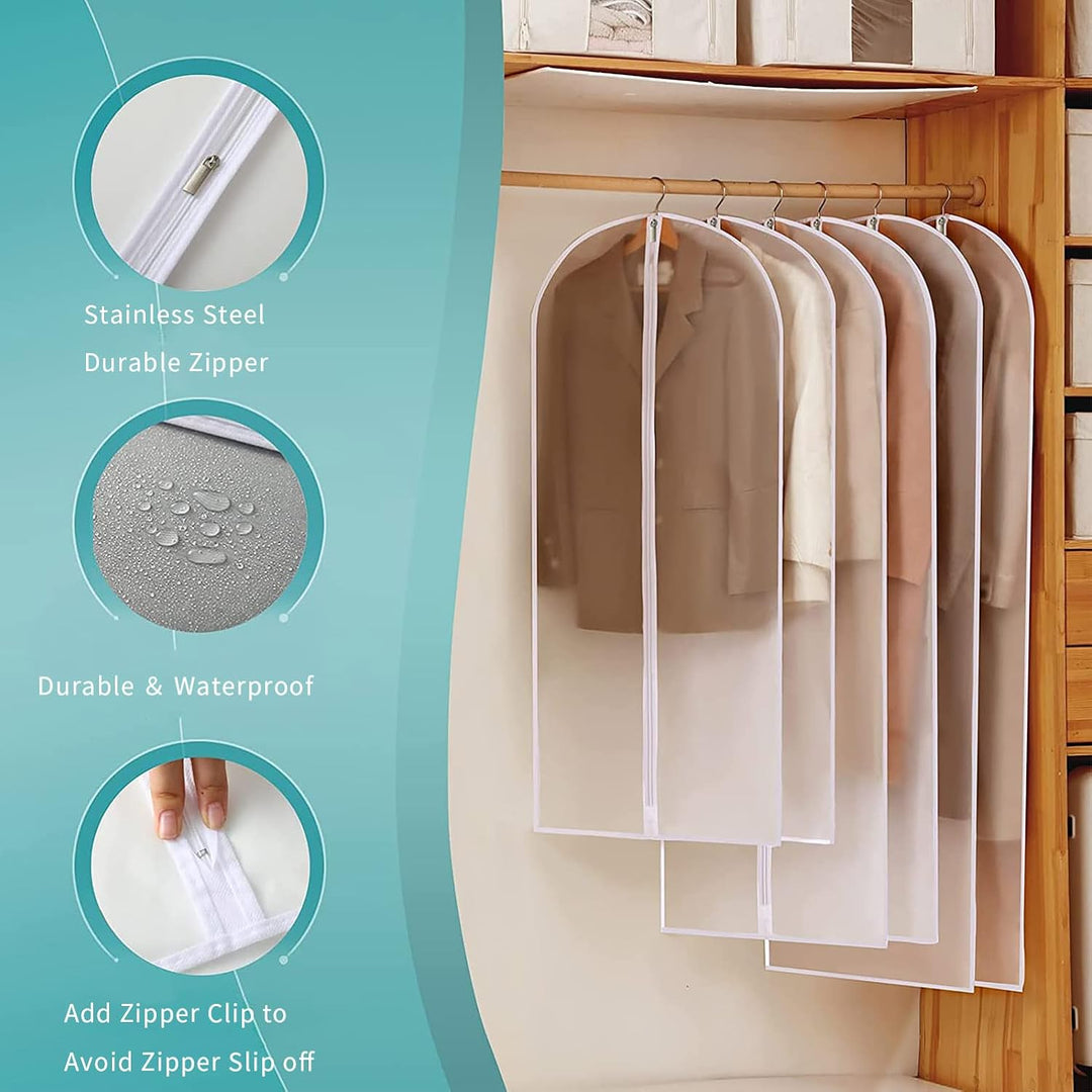 Transparent PEVA clothes protectors for easy garment identification. Dustproof storage bags for suits & dresses.