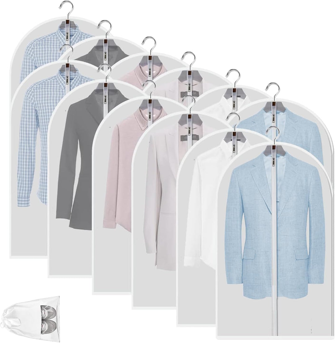 Durable, reusable clear PEVA garment bags. 12 clothes protectors for long-lasting wardrobe organization.