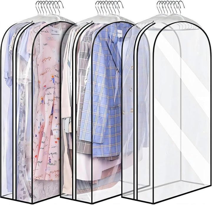 Clear PEVA garment bags (6-pack) for clothing protection & dust cover in wardrobe.