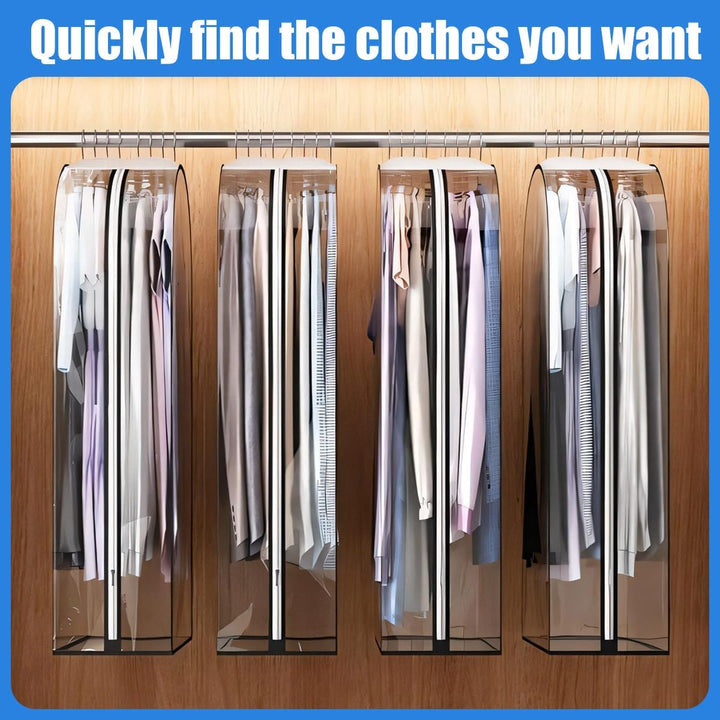 Clear garment bags, 6-pack, for hanging clothing protection & easy viewing.