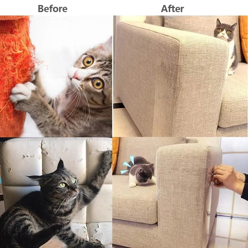 Durable cat furniture scratch shield, self-adhesive for sofa protection. Clear pet deterrent guard.