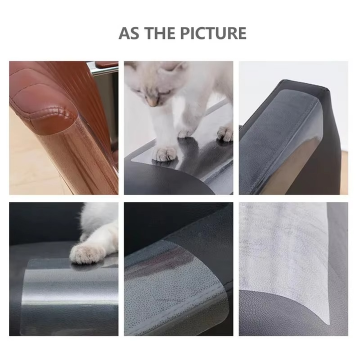 Self-adhesive clear cat scratch shield, durable furniture protector for sofas & upholstery.