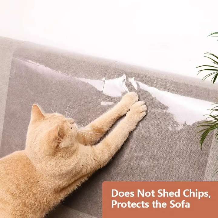 Pet-friendly clear scratch guard, self-adhesive furniture protector. Shields sofas from cat claws.