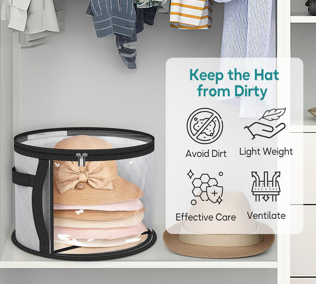 Travel-friendly wide-brim hat organizer. Clear dustproof storage case, ideal for home & accessory organization.