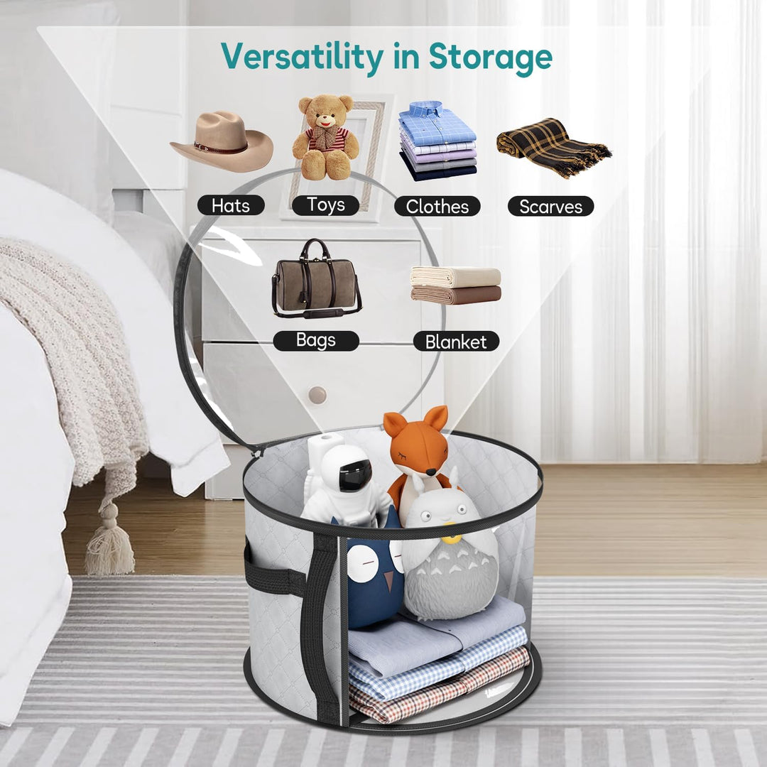 Portable wide-brim hat storage case. Dustproof clear organizer for home organization & travel accessory protection.