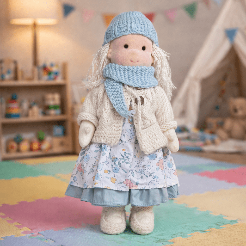 Close-up of a handcrafted cotton Waldorf doll, perfect for imaginative kids' play.