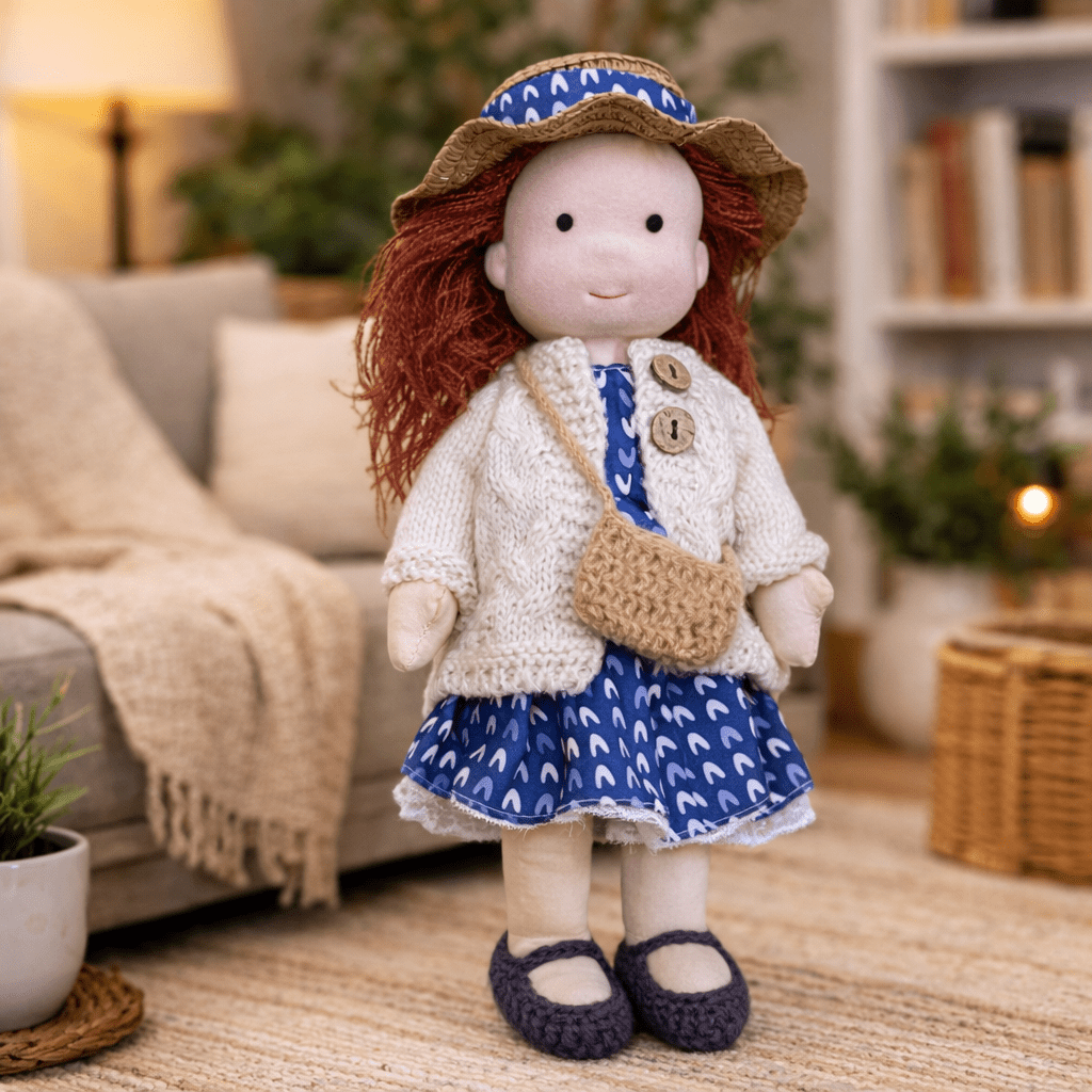 Kids' handmade Waldorf doll, a plush cotton toy for gentle, creative, and developmental play.
