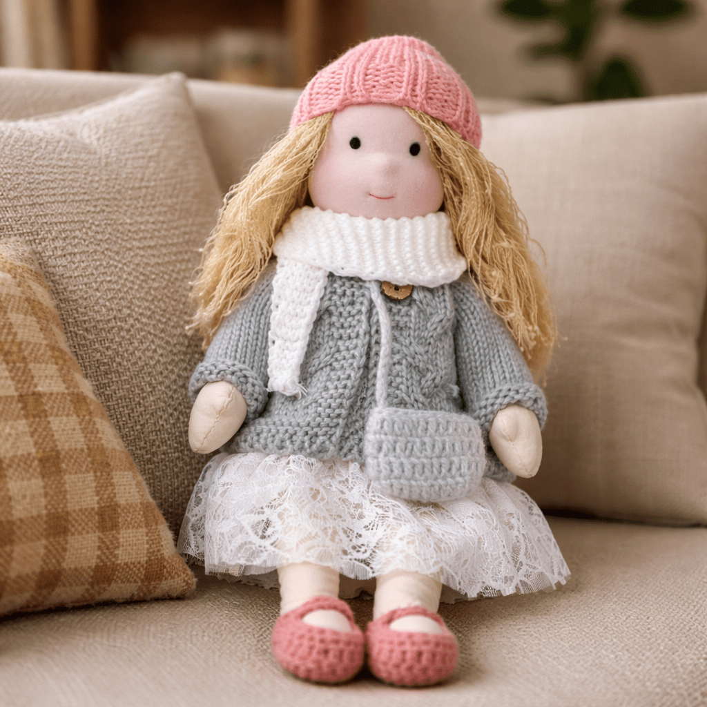 Toddler-friendly handcrafted Waldorf doll, soft cotton for imaginative and developmental fun.
