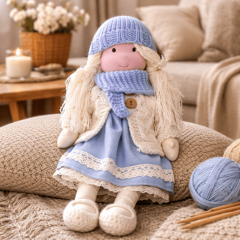 Handcrafted Waldorf doll for kids, a natural cotton plush toy fostering imaginative play skills.