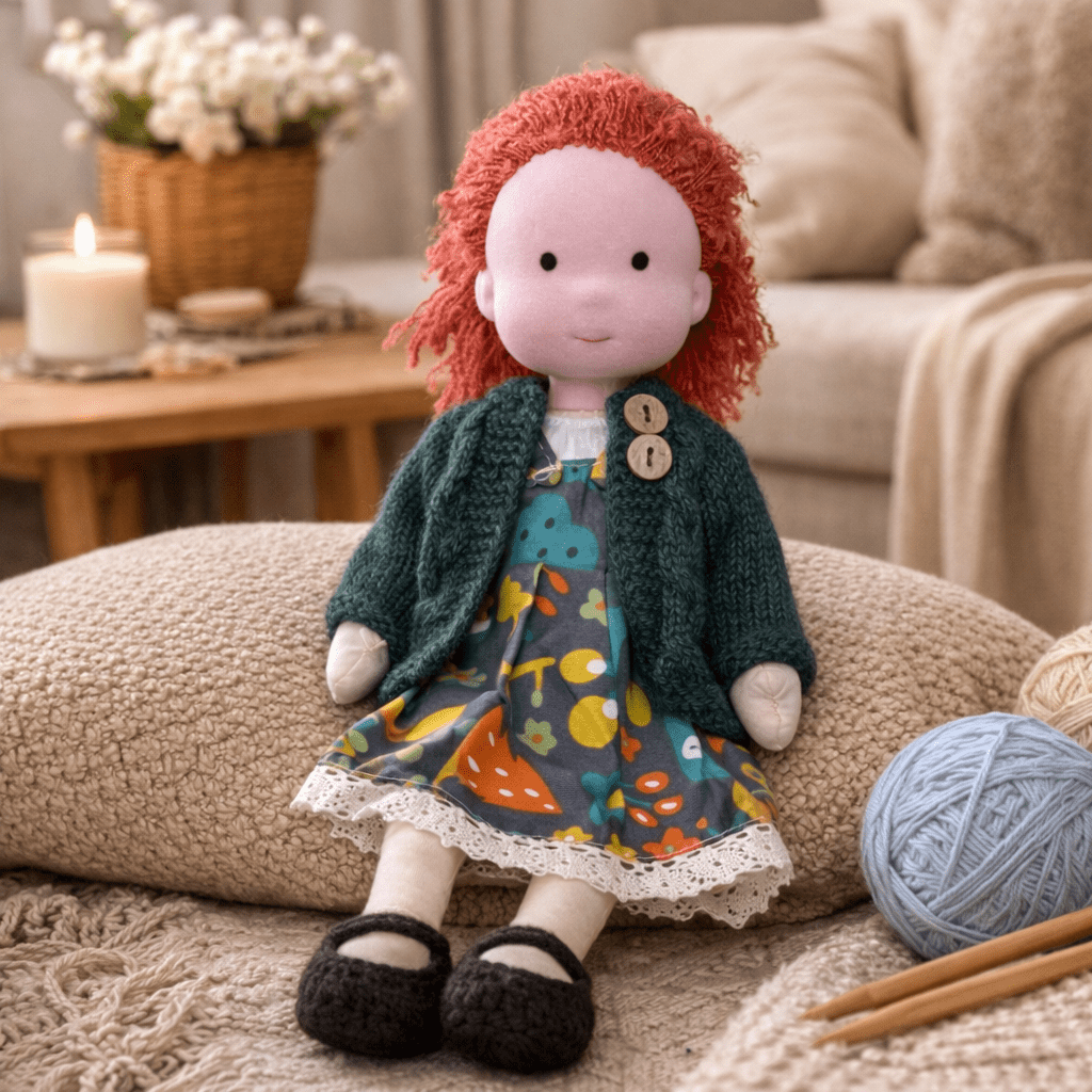 Children's artisan Waldorf doll, soft cotton and handmade, ideal for developmental play.