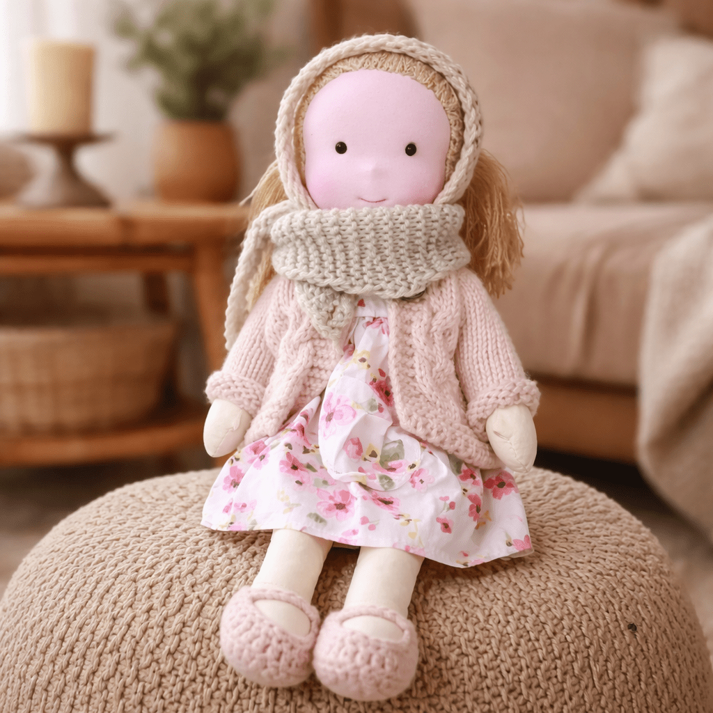 Imaginative cotton Waldorf doll, a handcrafted plush toy for creative storytelling.
