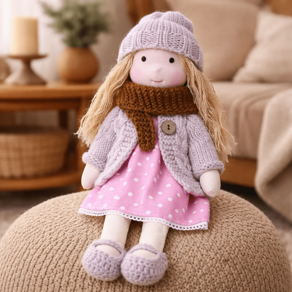 Handmade cotton Waldorf doll, a gentle and soft toy for children's daily adventures.