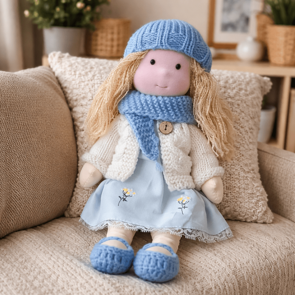 Artisan-crafted Waldorf doll in a natural pose, cotton plush for imaginative kids' play.