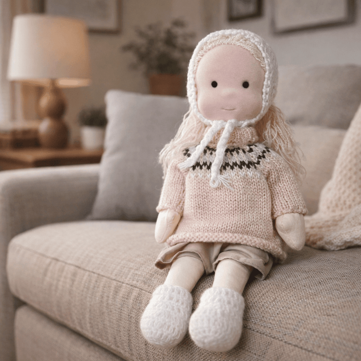 Handmade cotton Waldorf doll, a safe and plush toy for all children's creative explorations.