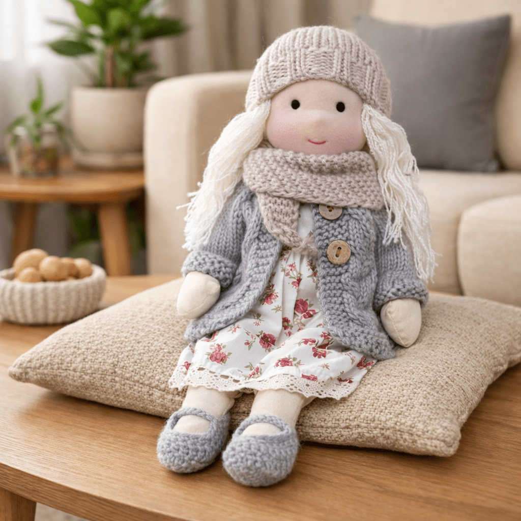 Kids' gift: handcrafted cotton Waldorf doll, a soft plush toy for imaginative fun.