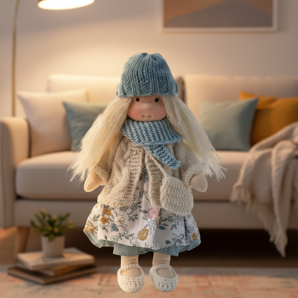 Handcrafted cotton Waldorf doll, perfect for encouraging imaginative storytelling in kids.