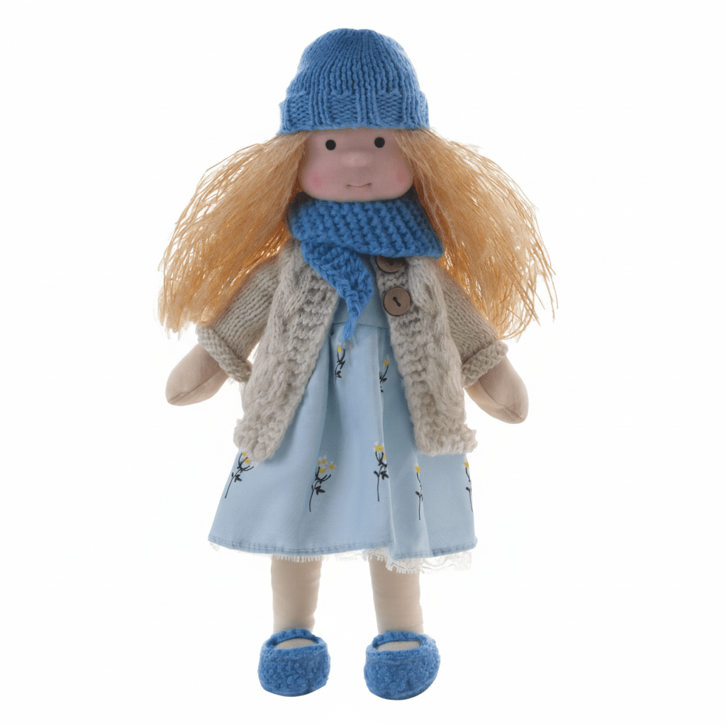 Soft cotton Waldorf doll, a charming handmade toy for children's imaginative journeys.