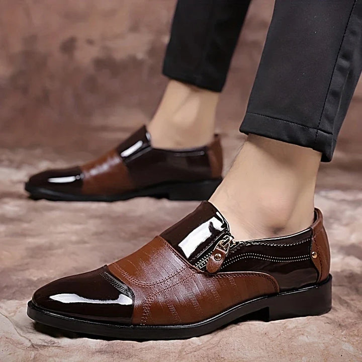 Stylish men's dual-texture loafers with a unique zip detail for modern fashion.
