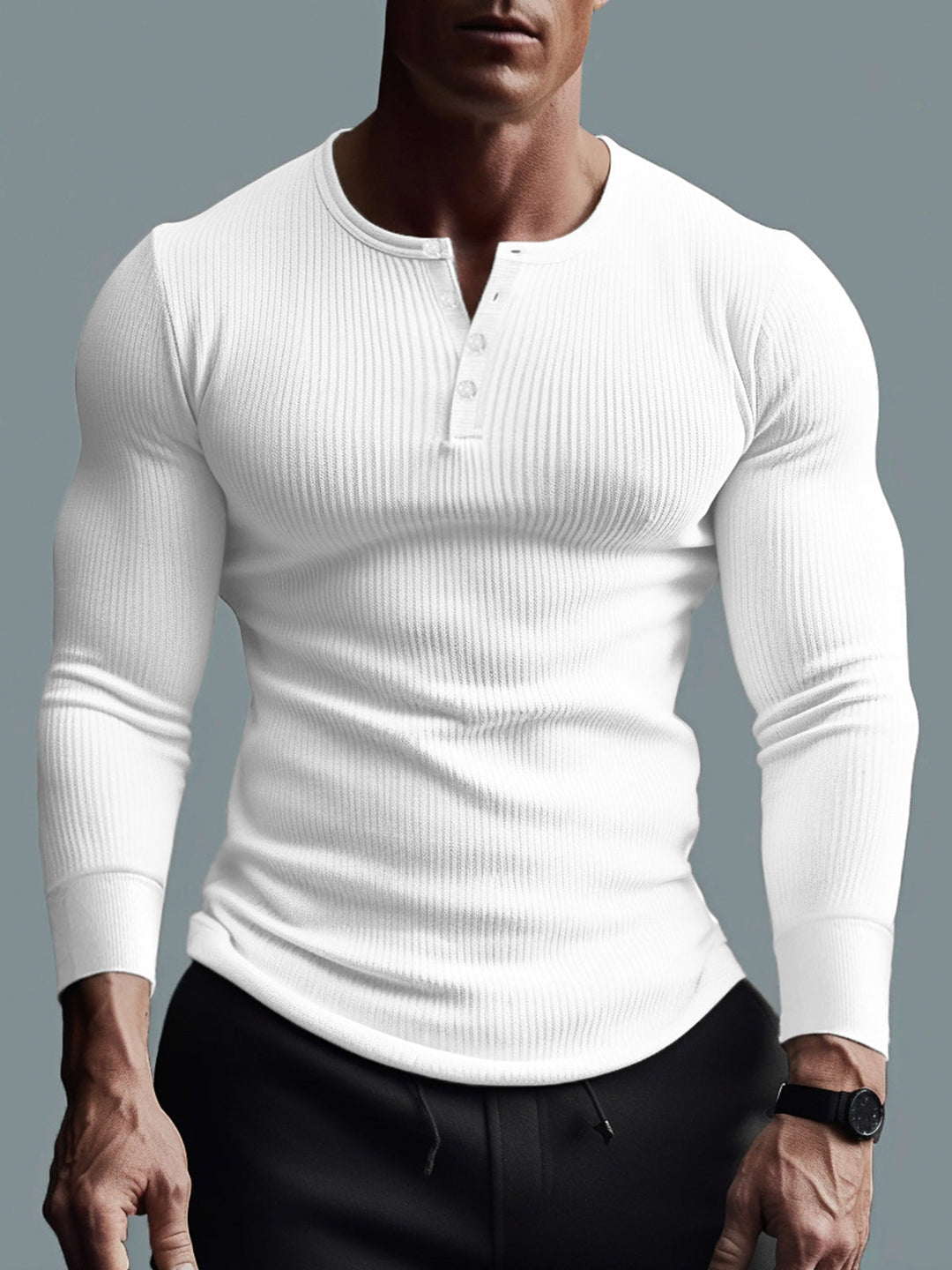 Front view of a white Men's Siena Ribbed Henley, highlighting its comfort fit.