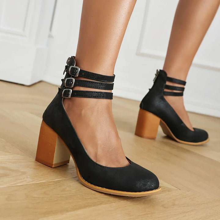 Women's fashion block heels with a modern strappy look and secure ankle strap.