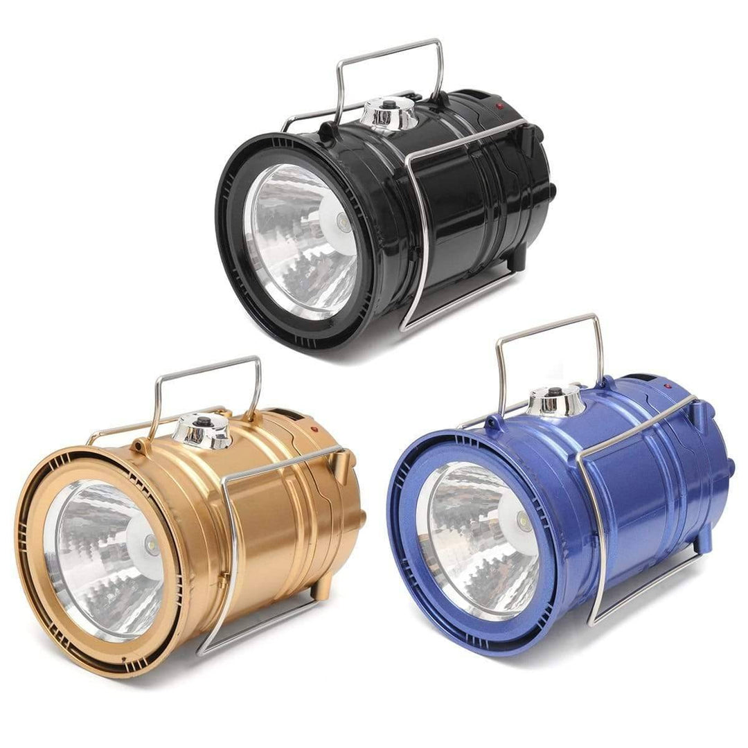 Rechargeable LED camping lantern, solar powered, collapsed for portability, essential outdoor lighting.