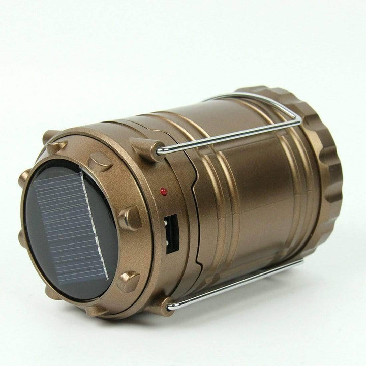 Durable LED camping lantern, solar charging port visible, essential portable light for emergencies.