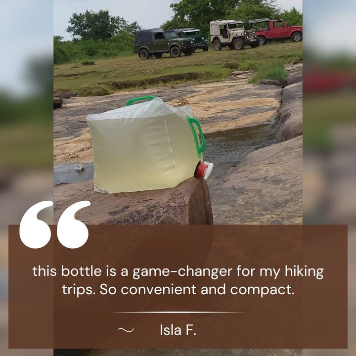 Portable water container, purple, compressed for easy storage; essential travel accessory for adventurers
