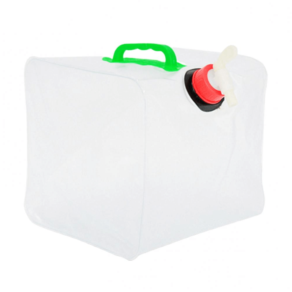 Collapsible water bottle, green, shown with a backpack; ideal outdoor gear for hiking and camping hydration